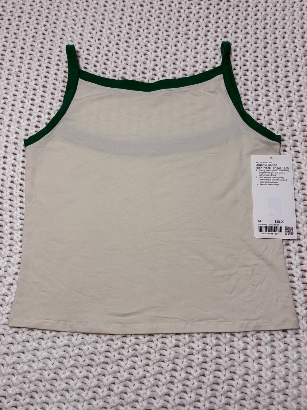 lululemon organic cotton high neck ringer tank in ivory/raceway green size m